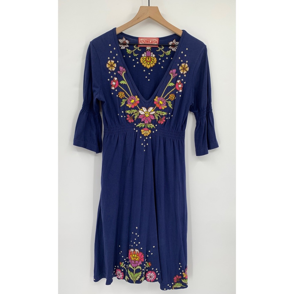 Johnny Was JWLA Dress Medium Blue Floral Embroidered V-Neck Boho Midi Cotton